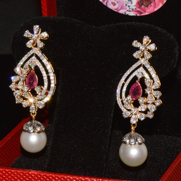 CERTIFIED NATURAL 24.16CTS VS F DIAMOND RUBY SOUTH SEA PEARL 18K GOLD EARRINGS - Picture 2 of 14